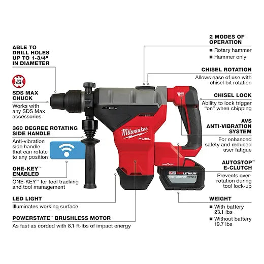 Milwaukee M18 FUEL 1-3/4" SDS MAX Rotary Hammer Kit 2718-22HD
